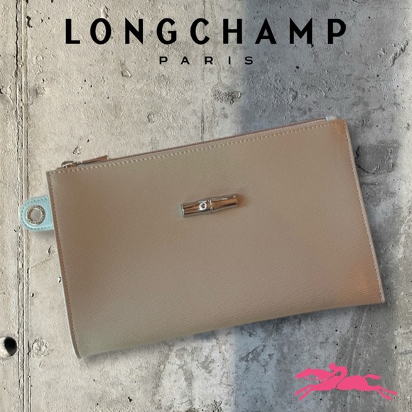 Longchamp Roseau Flat Leather Clutch in Clay
